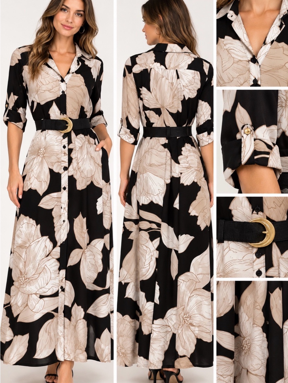 Donna Karan New York NWT Size 4 Black Floral Belted Maxi Shirt Dress